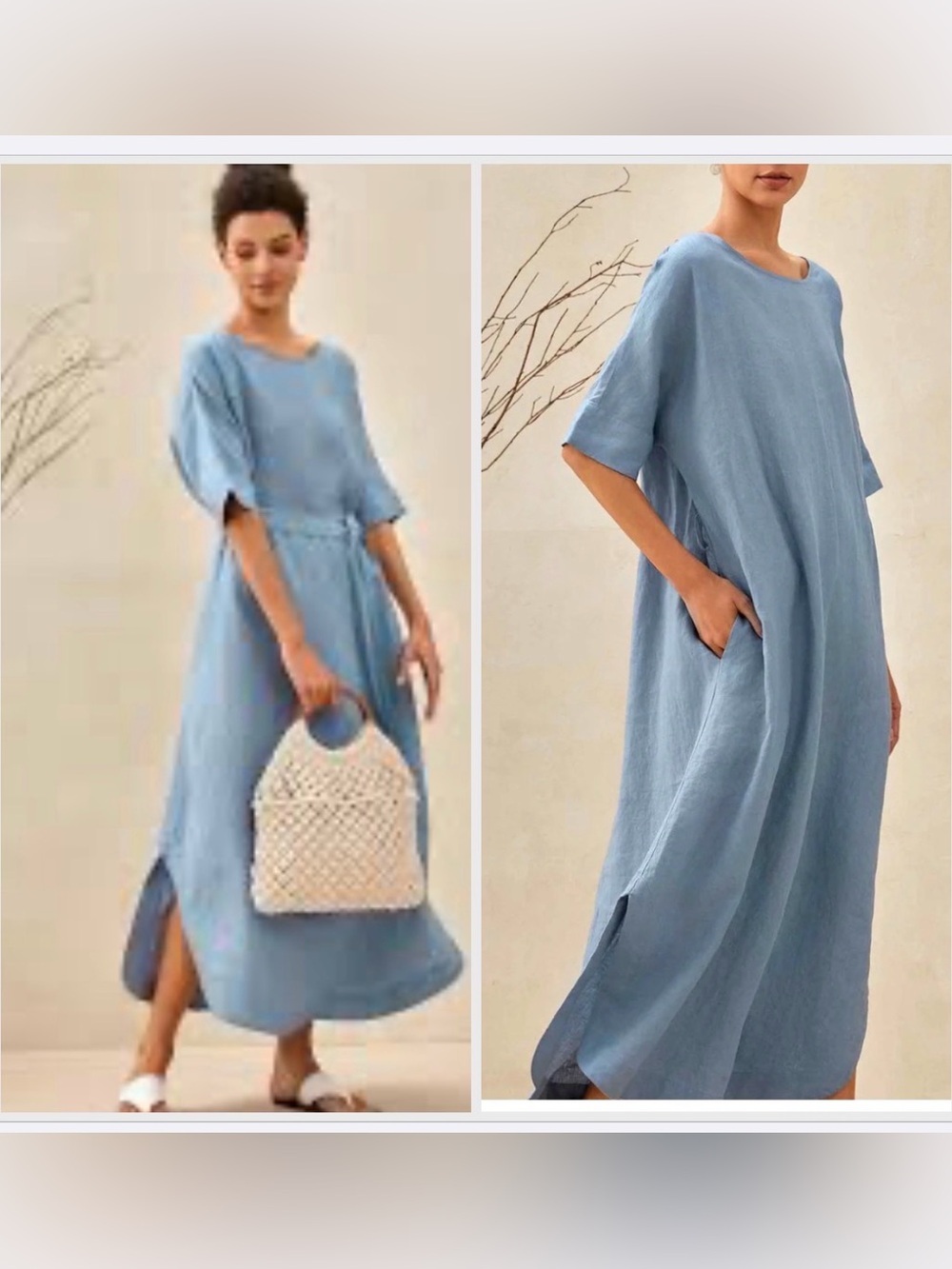 Lintico kimono maxi Dress powder Blue 100% Linen‎ Minimalist Lagenlook M belted